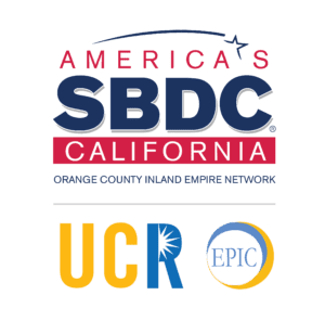 Logo for America's SBDC California Orange County Inland Empire Network, including UCR and EPIC logos.
