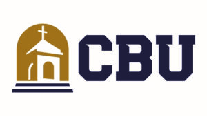 Logo featuring the letters "cbu" with an illustration of a church-like building enclosed in an arch shape to the left, designed for mobile.