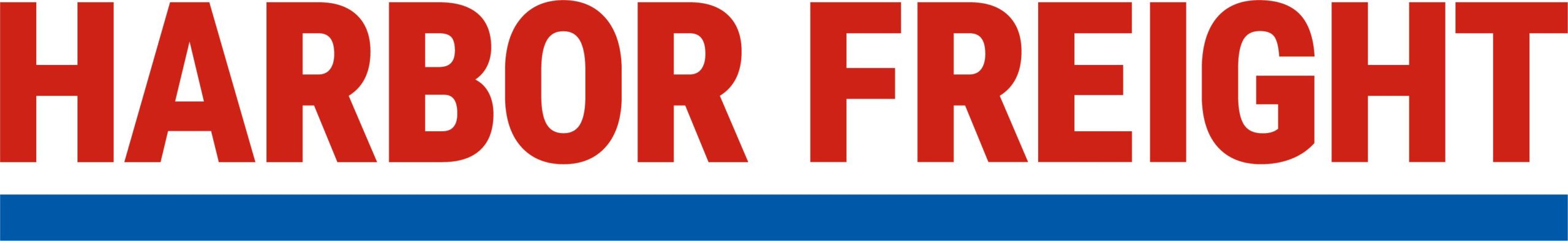 Harbor Freight logo with the company name in bold red letters on a white background, above a solid blue stripe, designed to be easily recognizable on mobile devices.