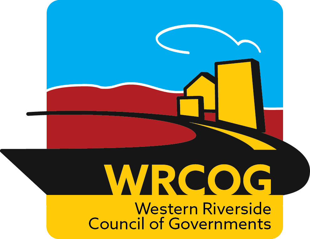 Logo of Western Riverside Council of Governments with yellow, black, red, blue, and white elements, including building silhouettes and a road. Text reads 