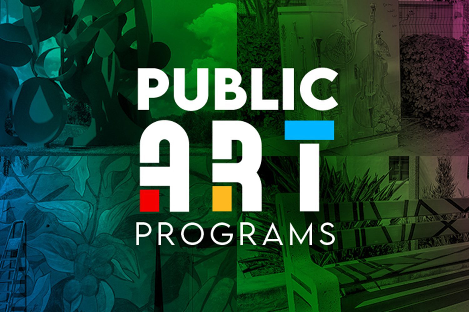 Public Art Programs" text over a collage of colorful artwork and installations, including sculptures, murals, and street art.