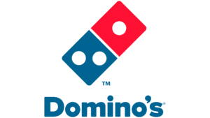 The image displays the Dominos Pizza logo, with a blue and red domino tile above the word Dominos in blue text, reminiscent of its familiar branding seen on mobile ordering apps.