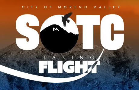 Moreno Valley SOTC Taking Flight logo with mountain and eagle silhouette, promoting community growth and development.